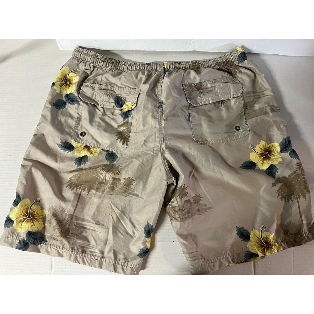 Unbranded‎ Swim Trunks Mens XL Tan Tropical Hibiscus Palm Tree Board Shorts